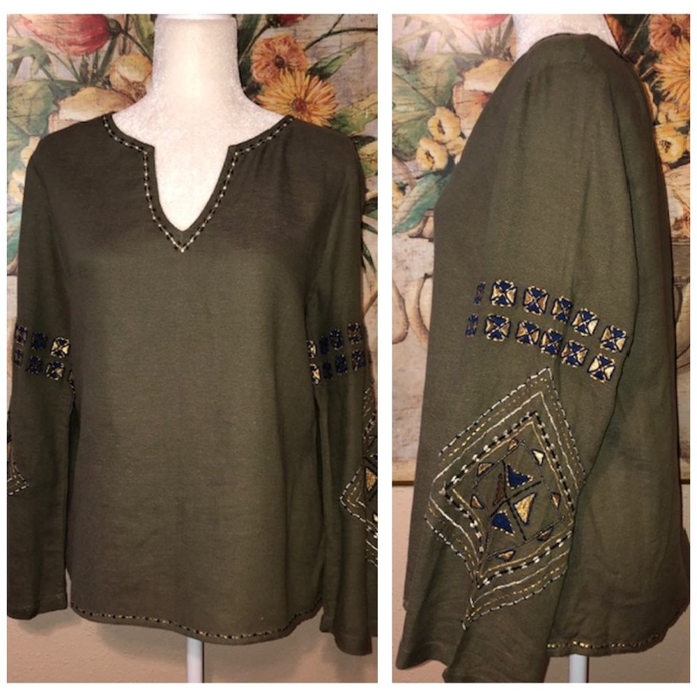 Sz S Anthropologie Piper by Townsen Green Mexican Embroidered S/S Shirt NWT